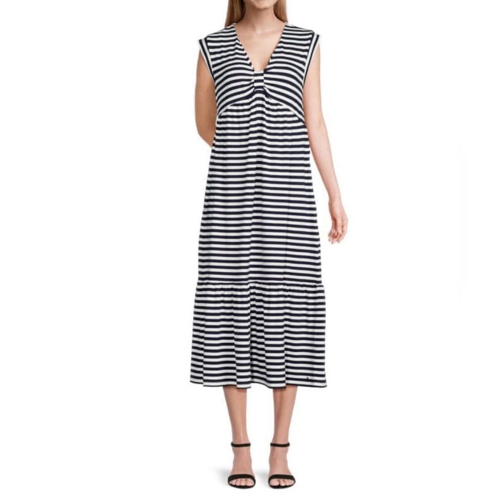 Tommy Hilfiger L White Navy Sky Captain Knit V-Neck Sleeveless Midi Dress